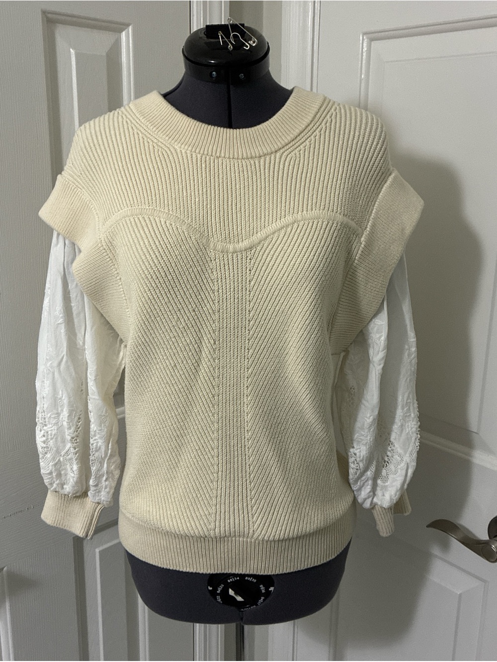 BA&SH cream sweater with white cotton sleeves and coordinating cuff